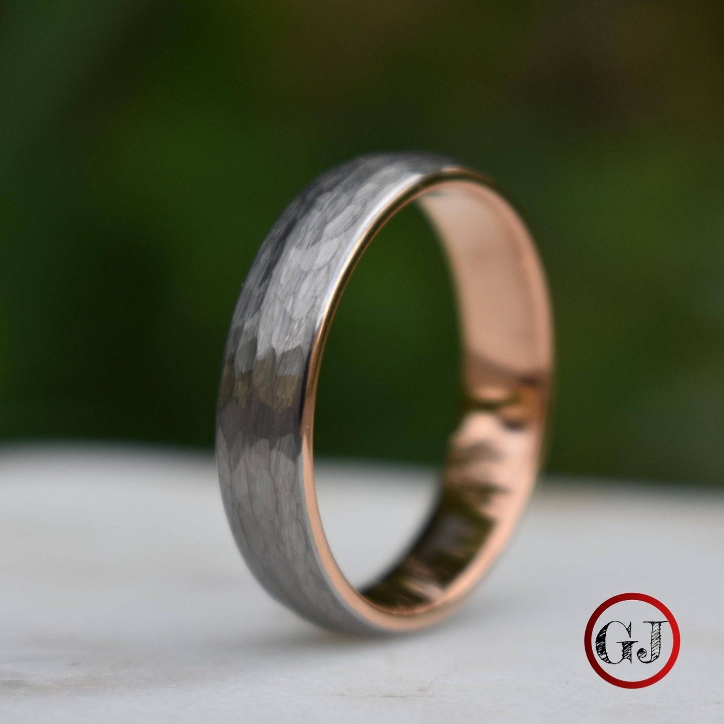 Hammered Tungsten 6mm Ring with Rose Gold Band - Tungsten Titans