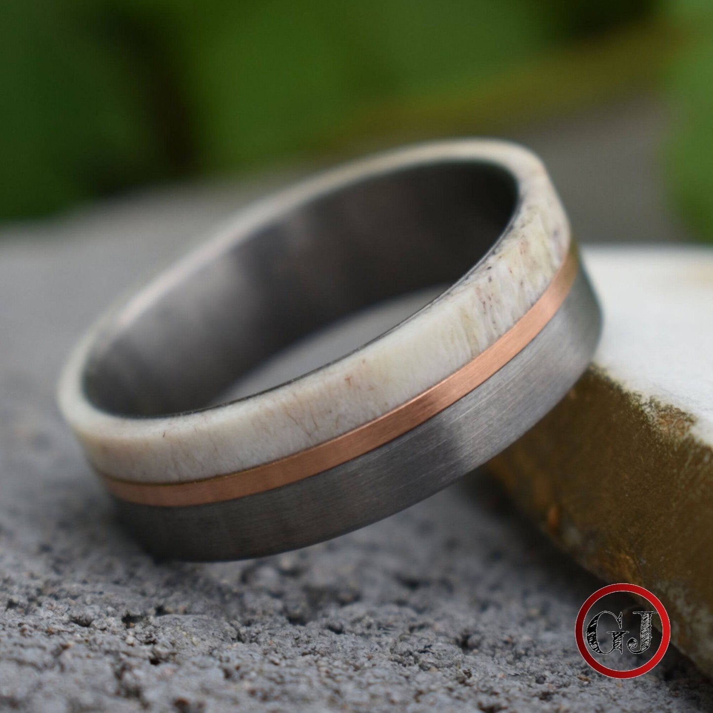 Deer Antler and Brushed Silver Tungsten 8mm Ring with Rose Gold Center - Tungsten Titans