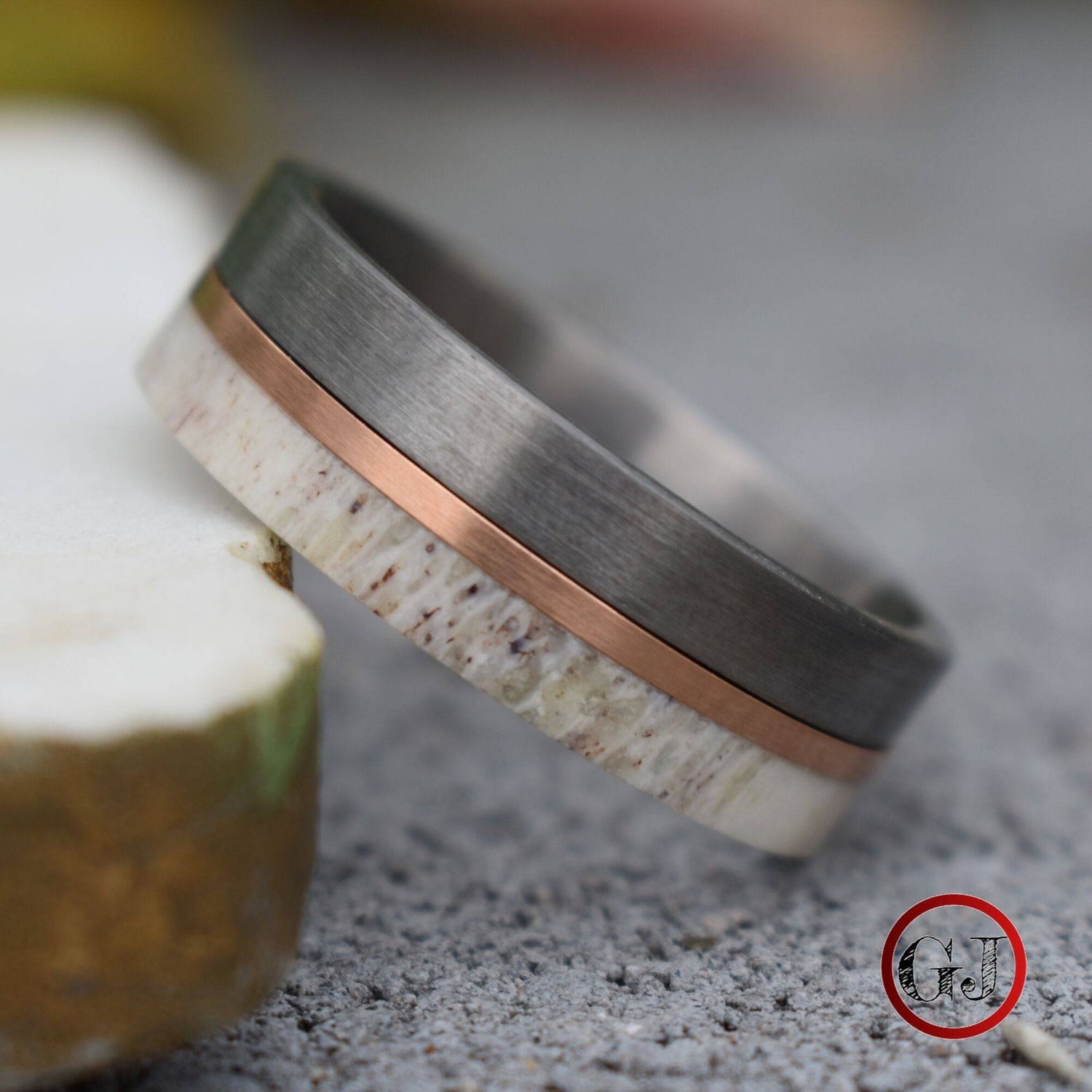 Deer Antler and Brushed Silver Tungsten 8mm Ring with Rose Gold Center - Tungsten Titans