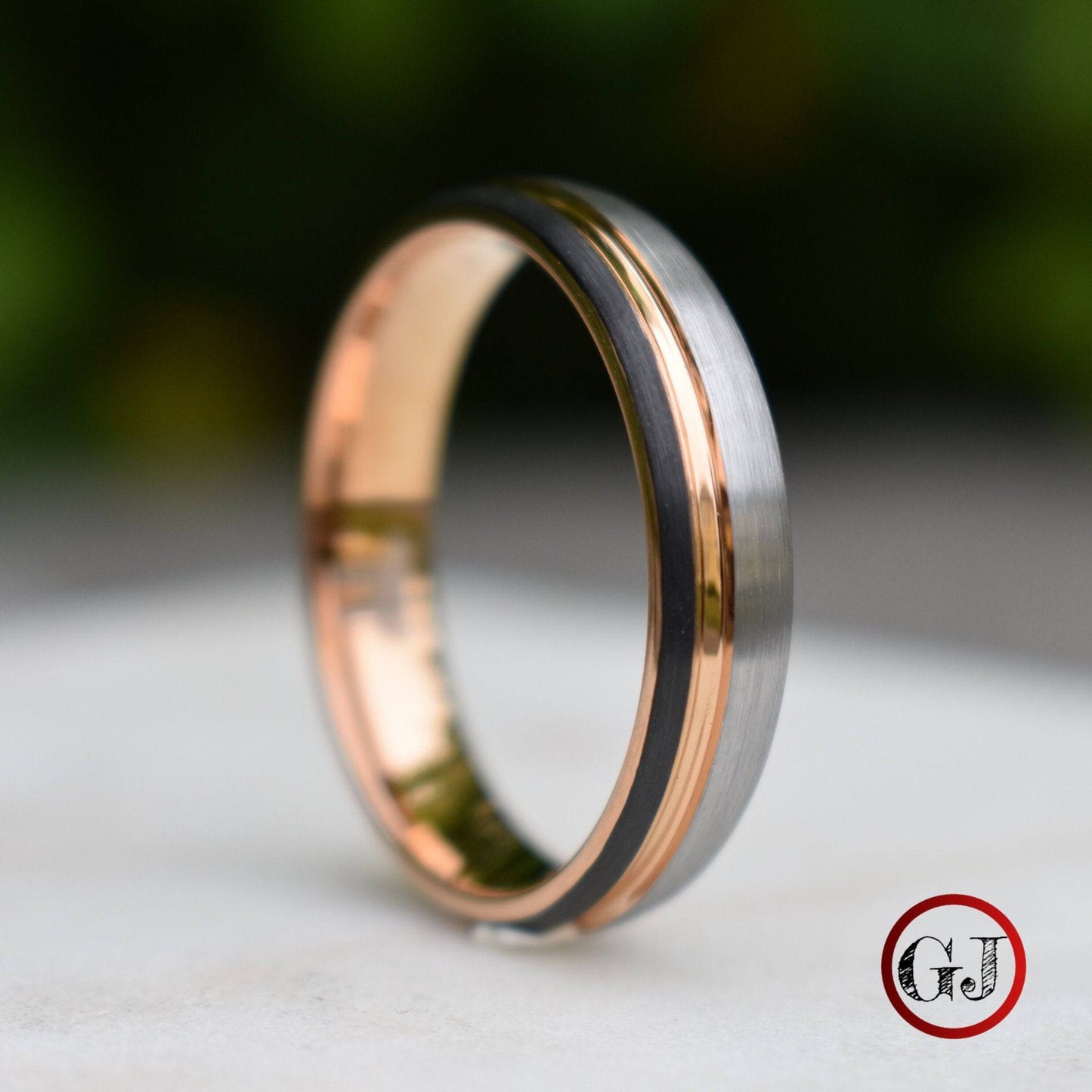 Domed 5mm Tungsten Ring Black and Silver Brushed with Rose Gold Accent - Tungsten Titans
