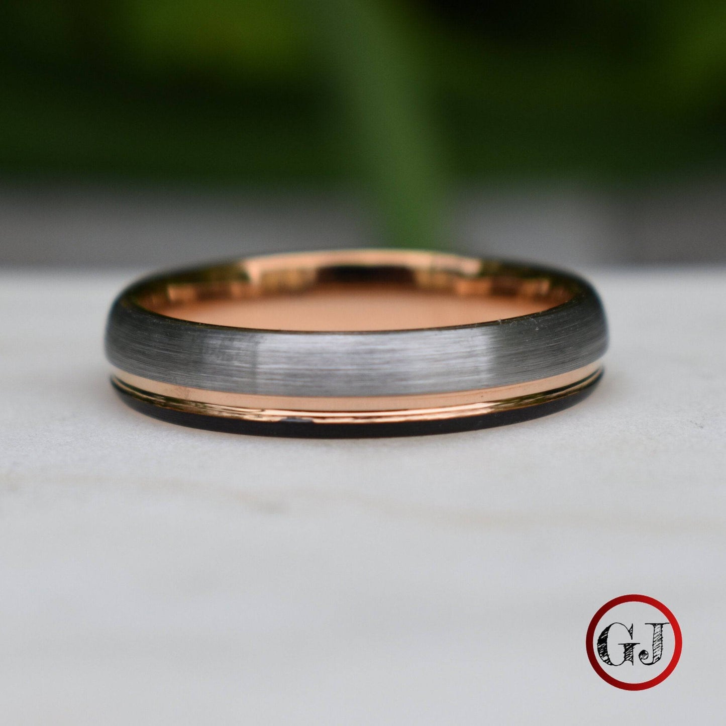 Domed 5mm Tungsten Ring Black and Silver Brushed with Rose Gold Accent - Tungsten Titans