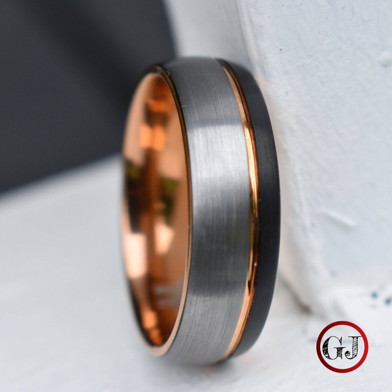 Domed 8mm Tungsten Ring Black and Silver Brushed with Rose Gold Accent