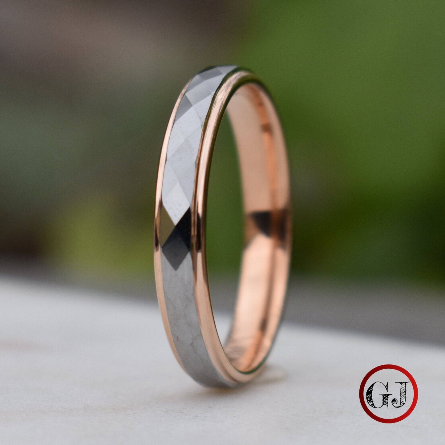 Tungsten 4mm Diamond Facet Silver Ring with Rose Gold Edges - Tungsten Titans