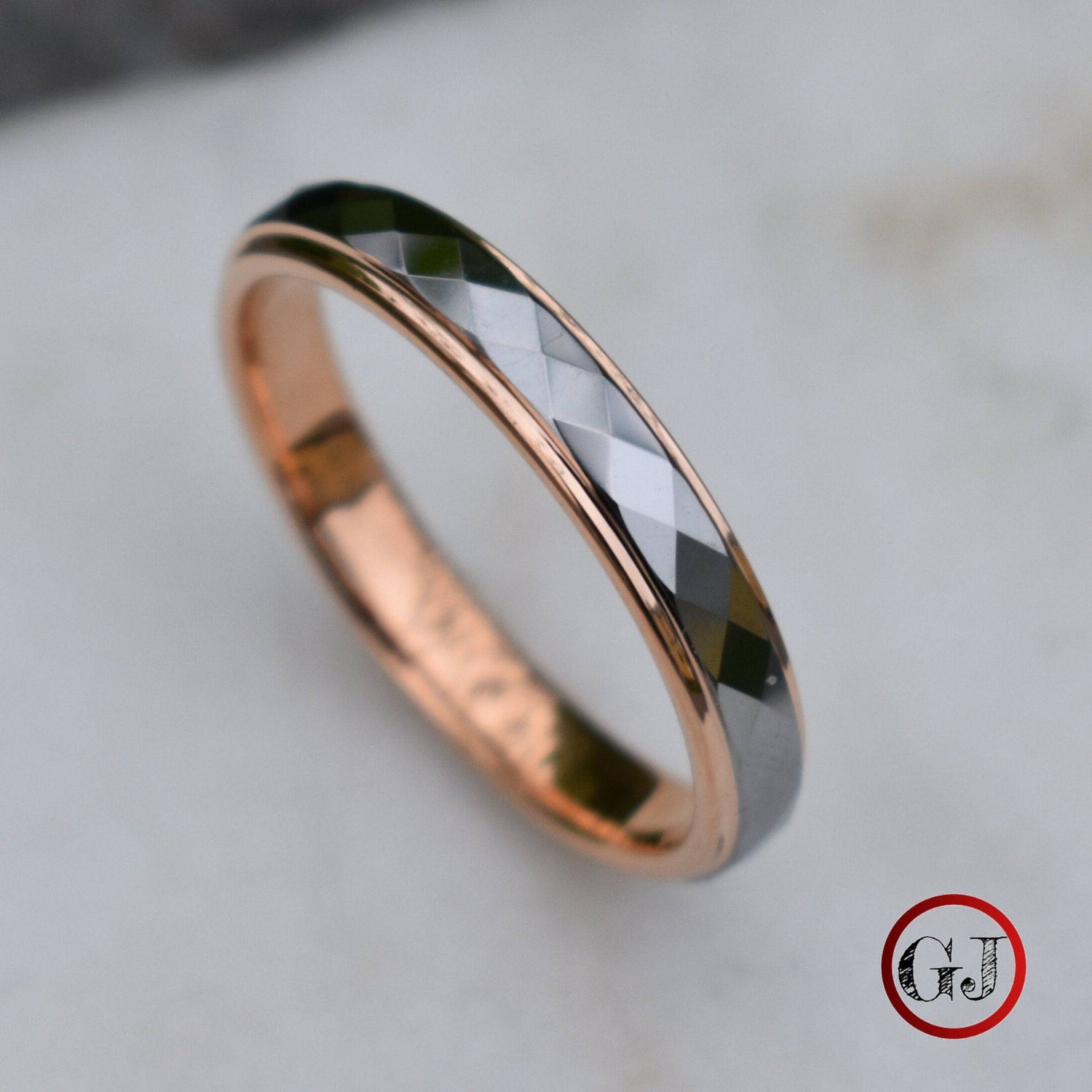 Tungsten 4mm Diamond Facet Silver Ring with Rose Gold Edges - Tungsten Titans