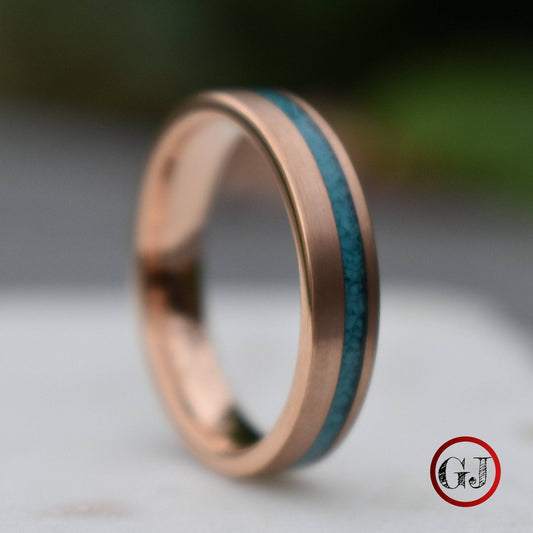 Tungsten 5mm Ring Rose Gold with Crushed Turquoise Wedding Band - Tungsten Titans