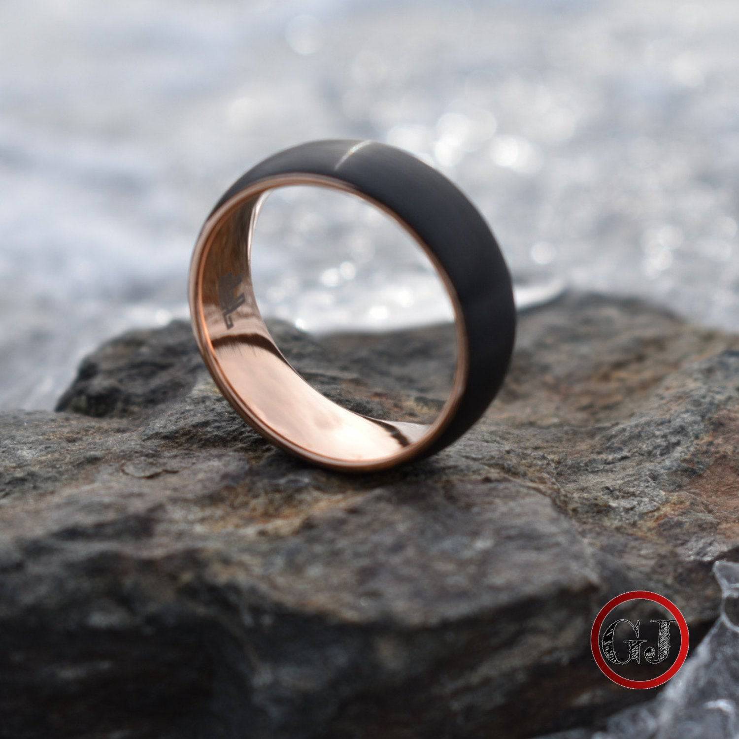 Black Brushed 8mm Tungsten Ring with Rose Gold Band - Tungsten Titans