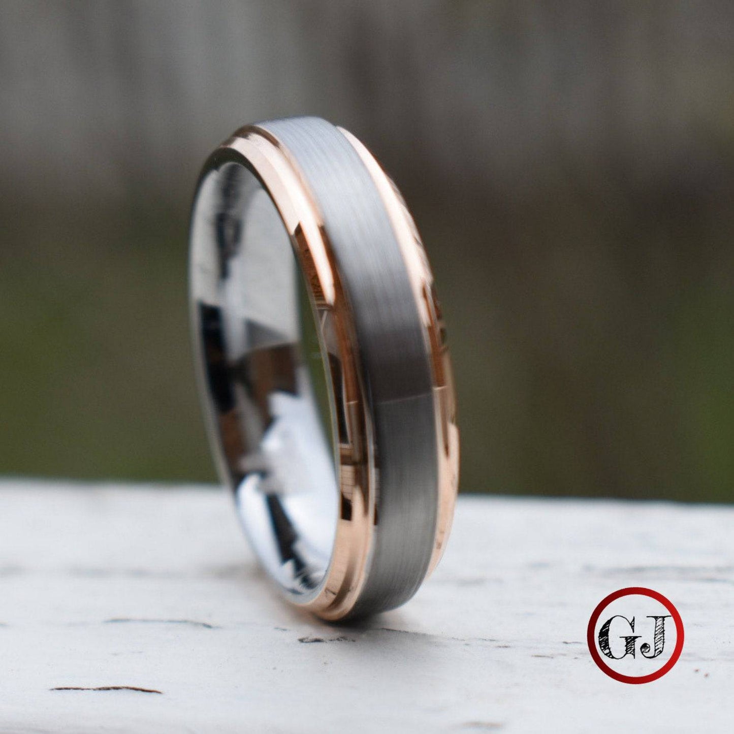 Tungsten 6mm Ring Brushed Silver with Rose Gold Bevelled Edges - Tungsten Titans