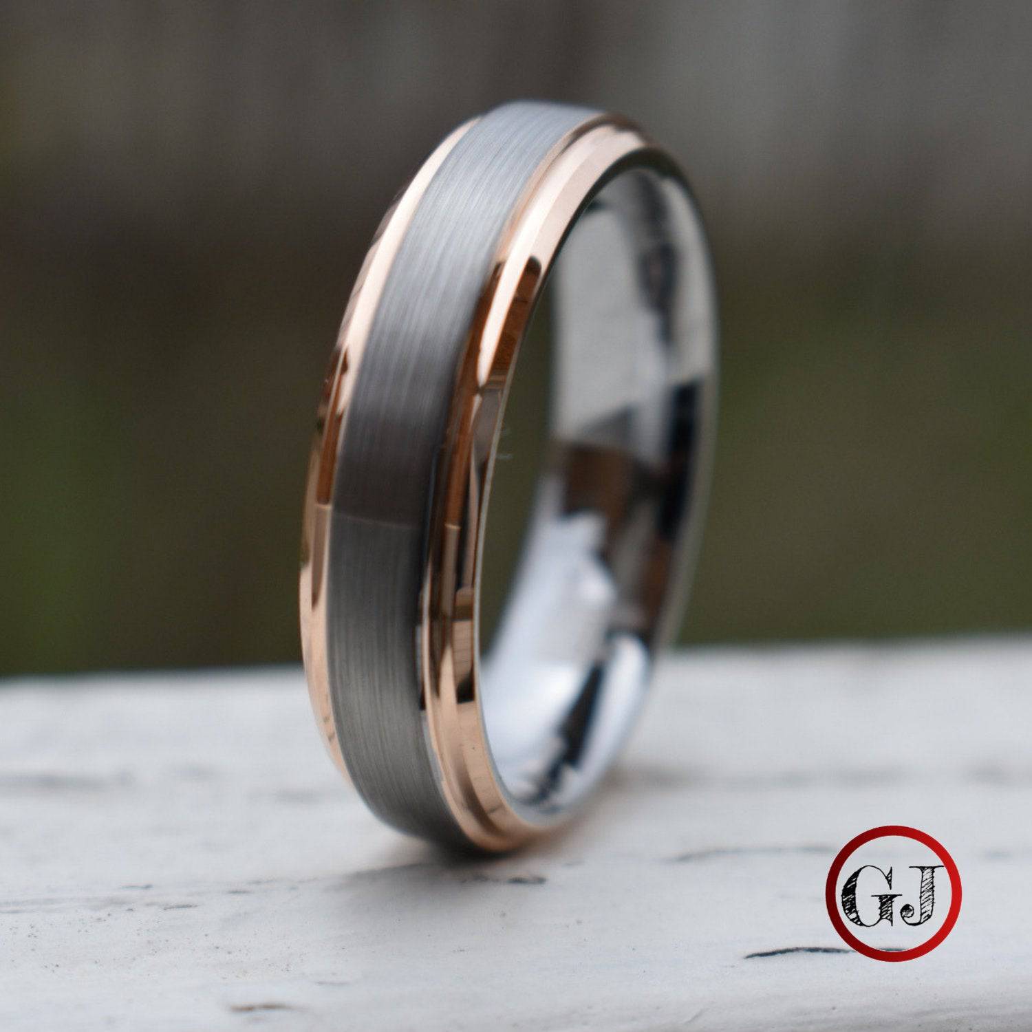 Tungsten 6mm Ring Brushed Silver with Rose Gold Bevelled Edges - Tungsten Titans