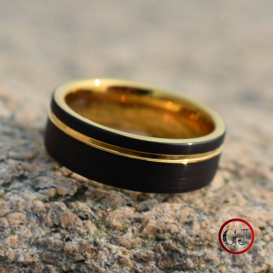 Tungsten 8mm Ring Brushed Black with Gold Accent Stripe - Tungsten Titans