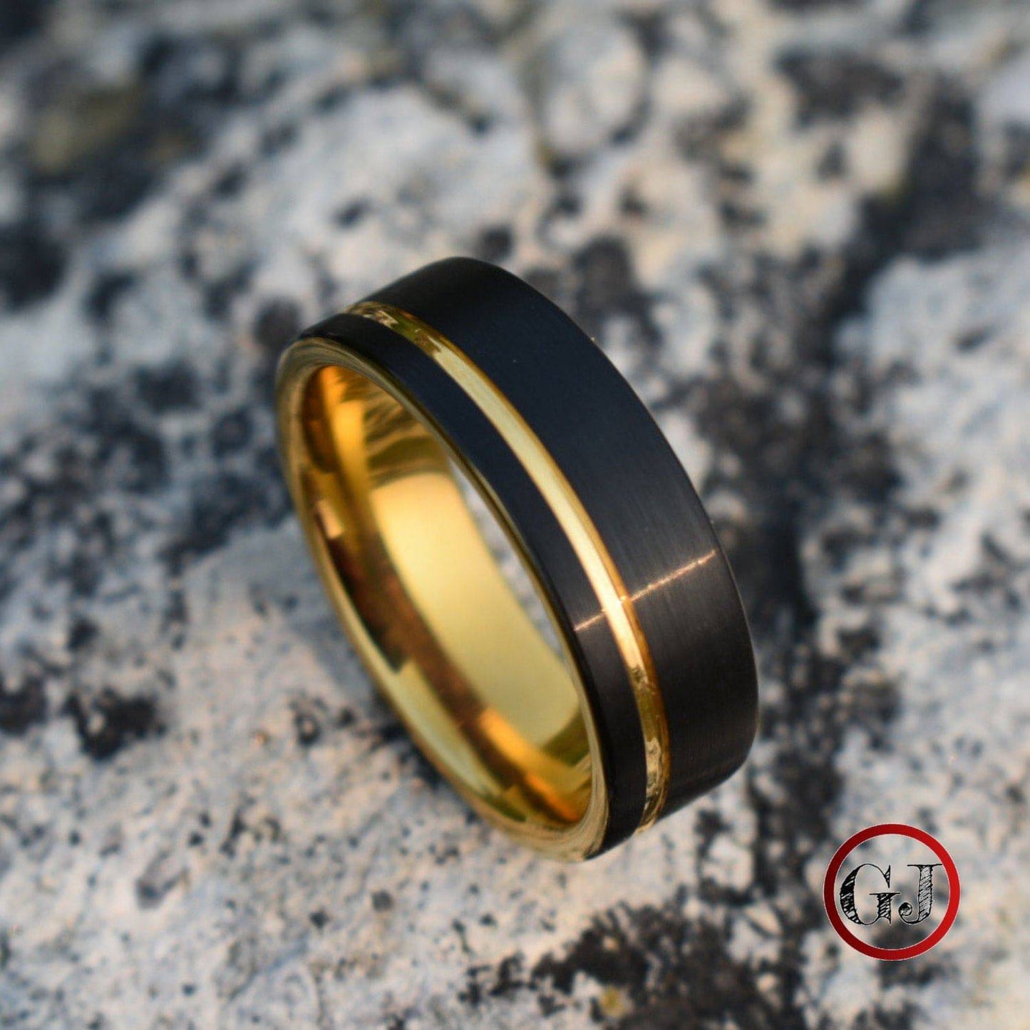 Tungsten 8mm Ring Brushed Black with Gold Accent Stripe - Tungsten Titans