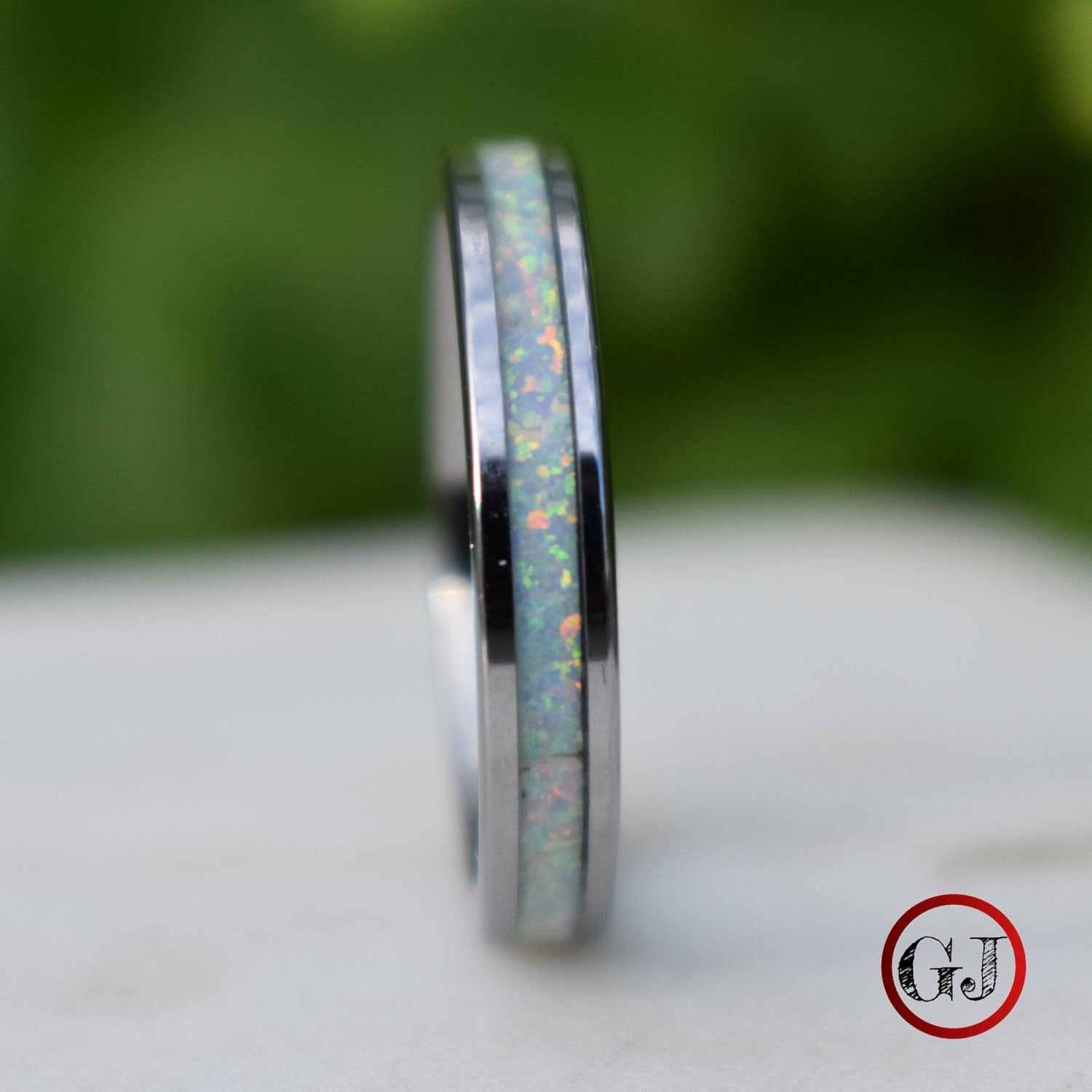 Tungsten 4mm Ring Crushed White Opal Wedding Band - Tungsten Titans