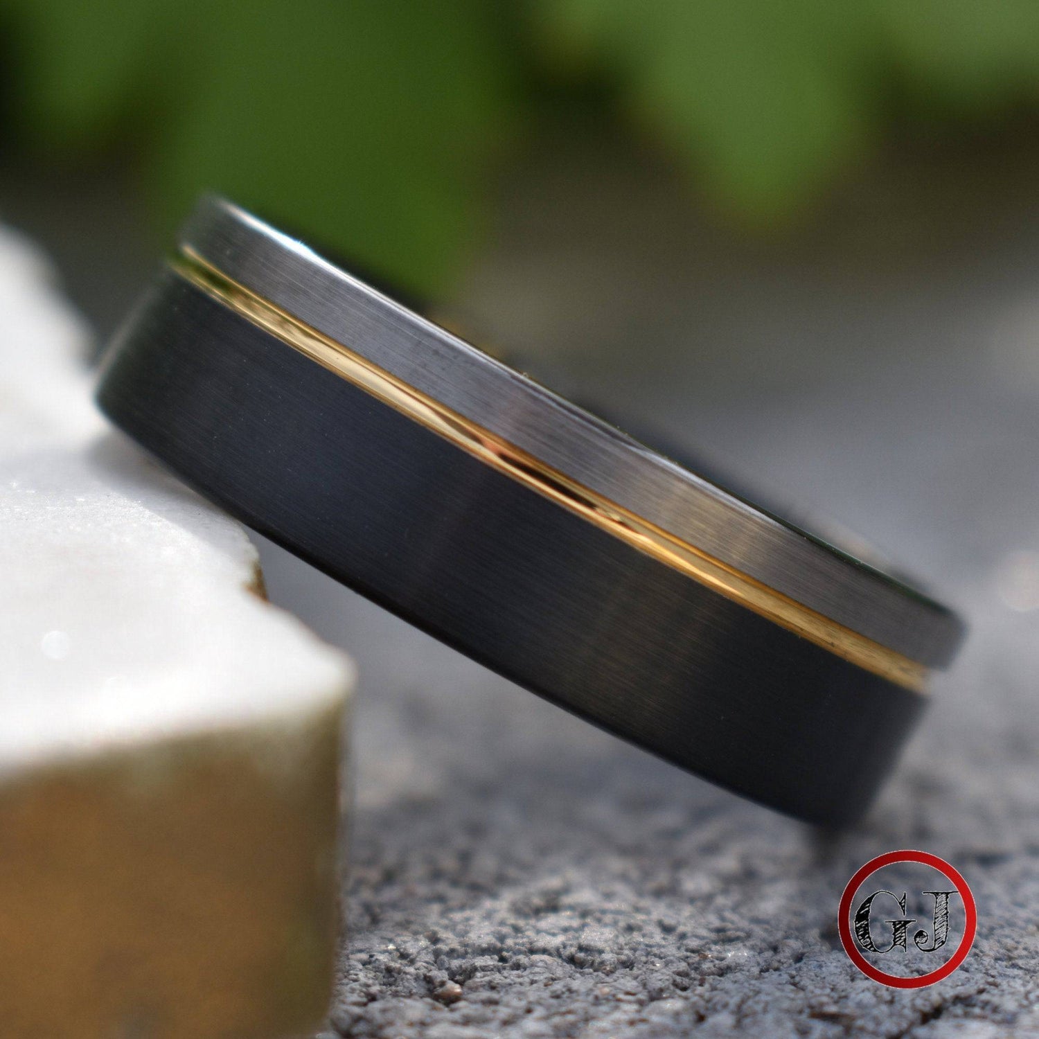 Tungsten 8mm Ring Black and Silver Brushed with Gold Accent - Tungsten Titans