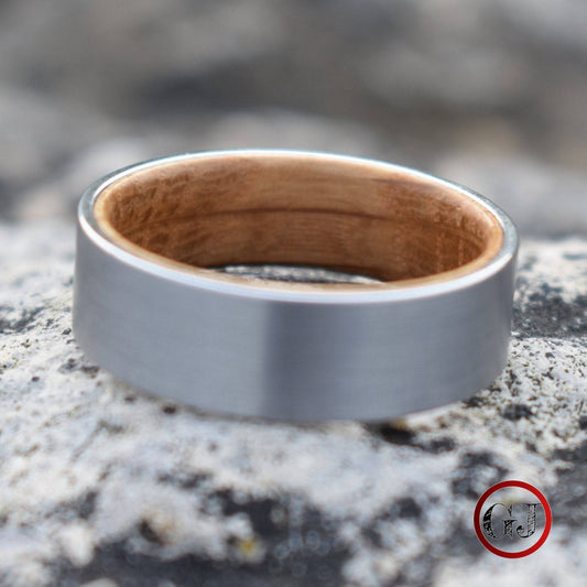 Silver Tungsten 8mm Ring with Whiskey Barrel Inner Band - Tungsten Titans