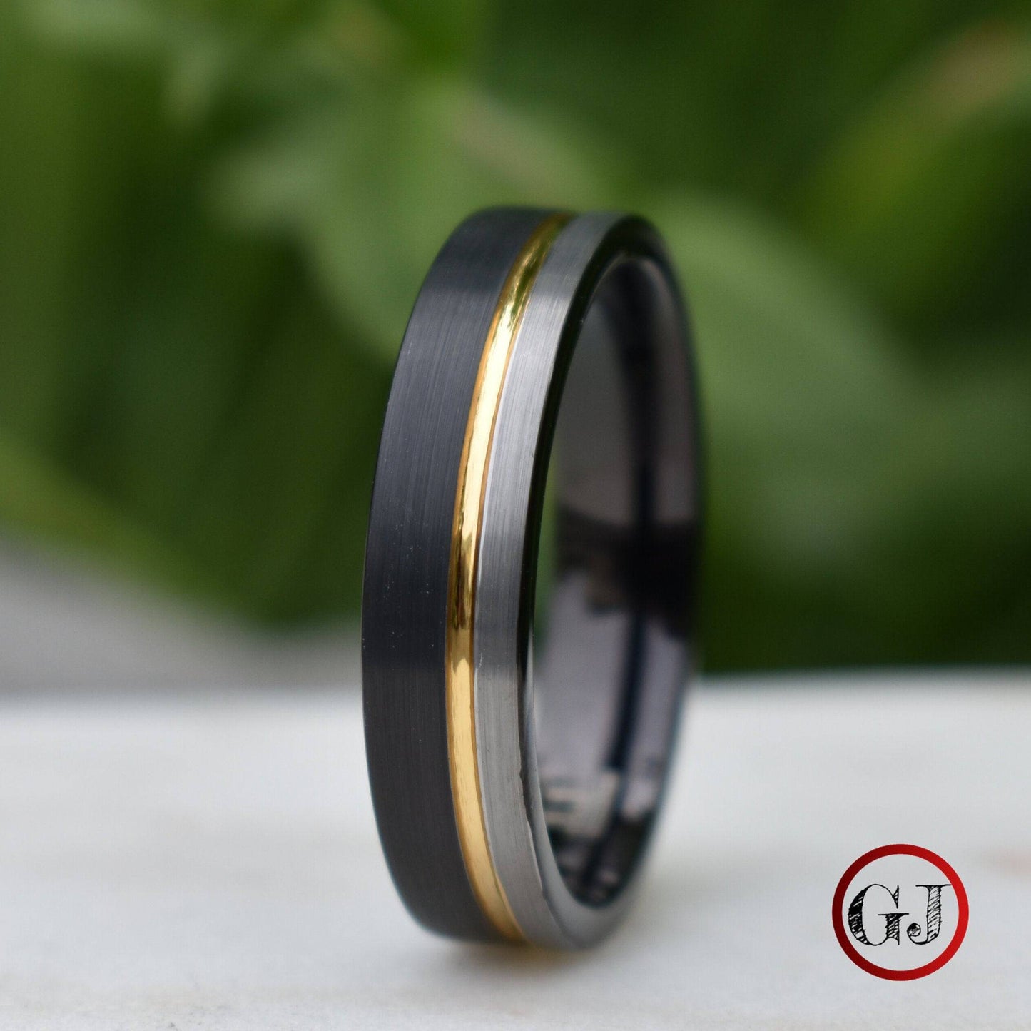Tungsten 6mm Ring Black and Silver Brushed with Gold Accent - Tungsten Titans