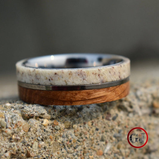 Whiskey Barrel and Deer Antler 8mm Ring with Tungsten Band - Tungsten Titans