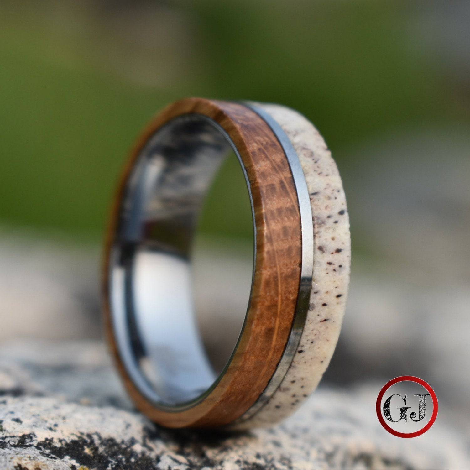 Whiskey Barrel and Deer Antler 8mm Ring with Tungsten Band - Tungsten Titans