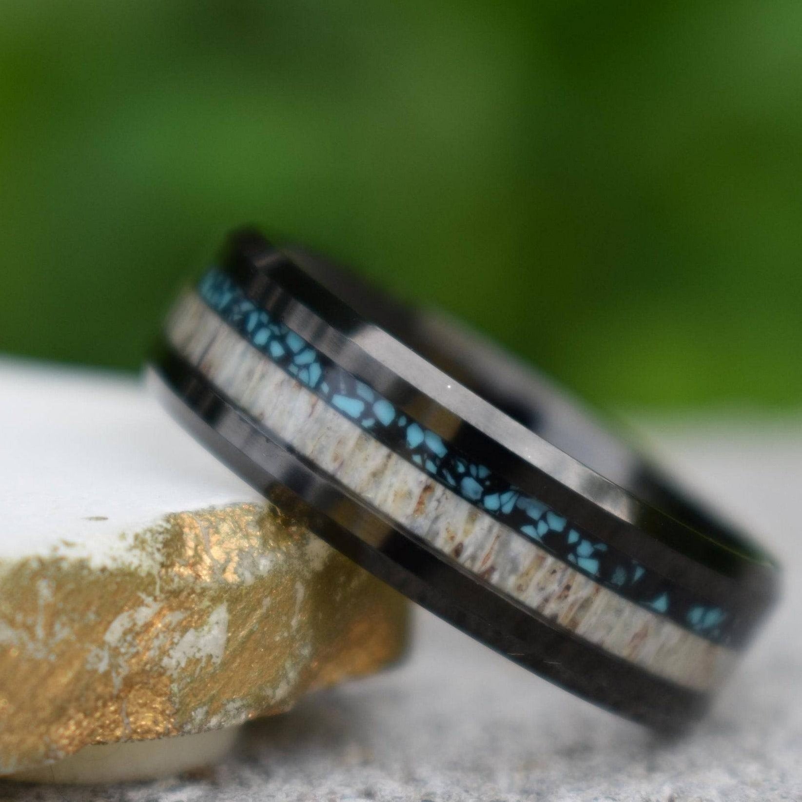 Tungsten 8mm Ring Black with Deer Antler and Crushed Turquoise