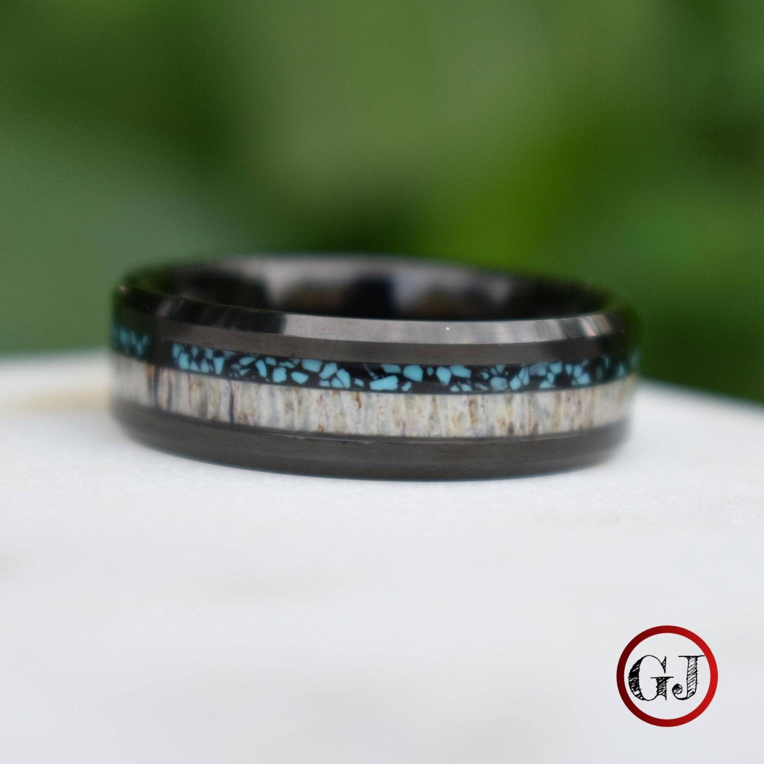 Tungsten 8mm Ring Black with Deer Antler and Crushed Turquoise - Tungsten Titans