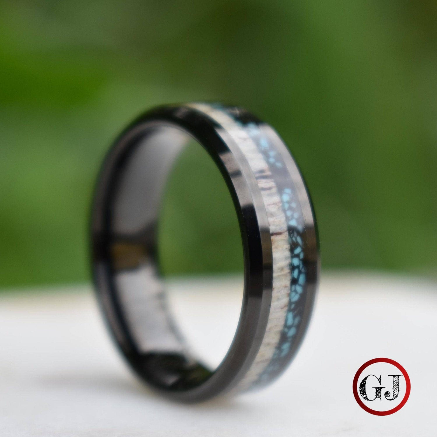Tungsten 8mm Ring Black with Deer Antler and Crushed Turquoise - Tungsten Titans