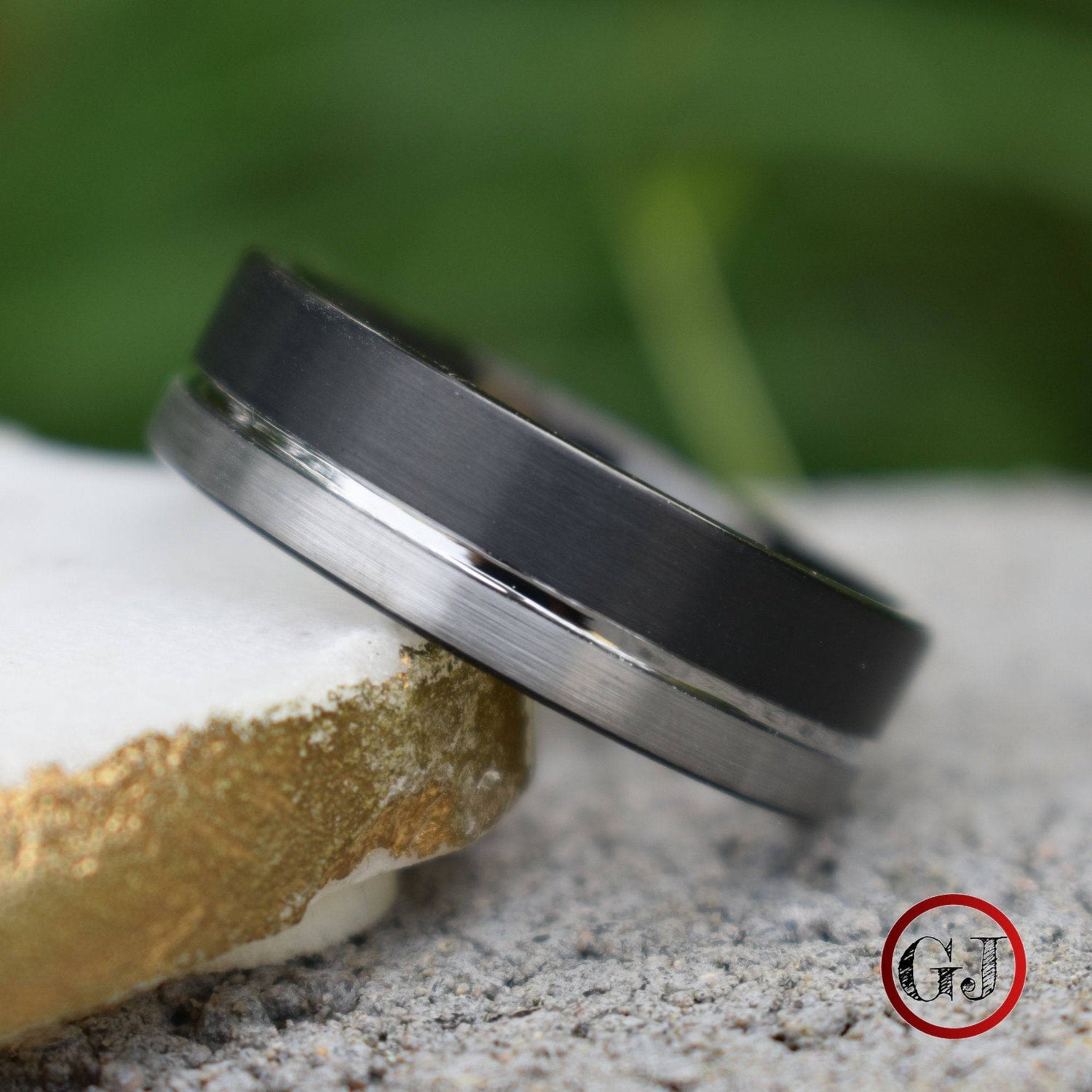 Tungsten Ring 8mm Black and Silver Brushed with Polished Silver Accent - Tungsten Titans