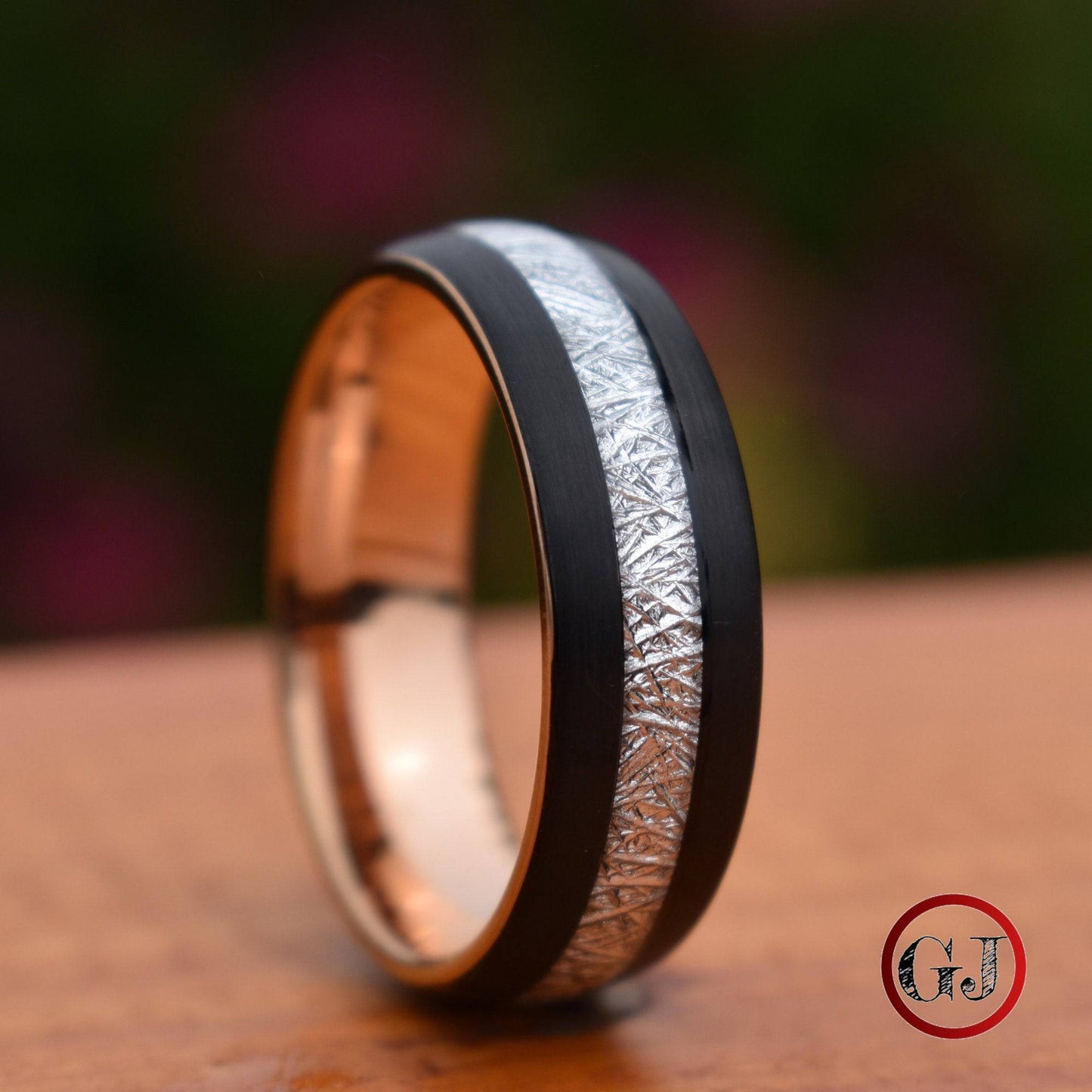 Tungsten 8mm Ring Black with Meteorite and Rose Gold Inner Band - Tungsten Titans