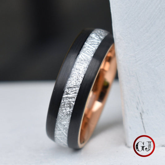 Tungsten 8mm Ring Black with Meteorite and Rose Gold Inner Band - Tungsten Titans