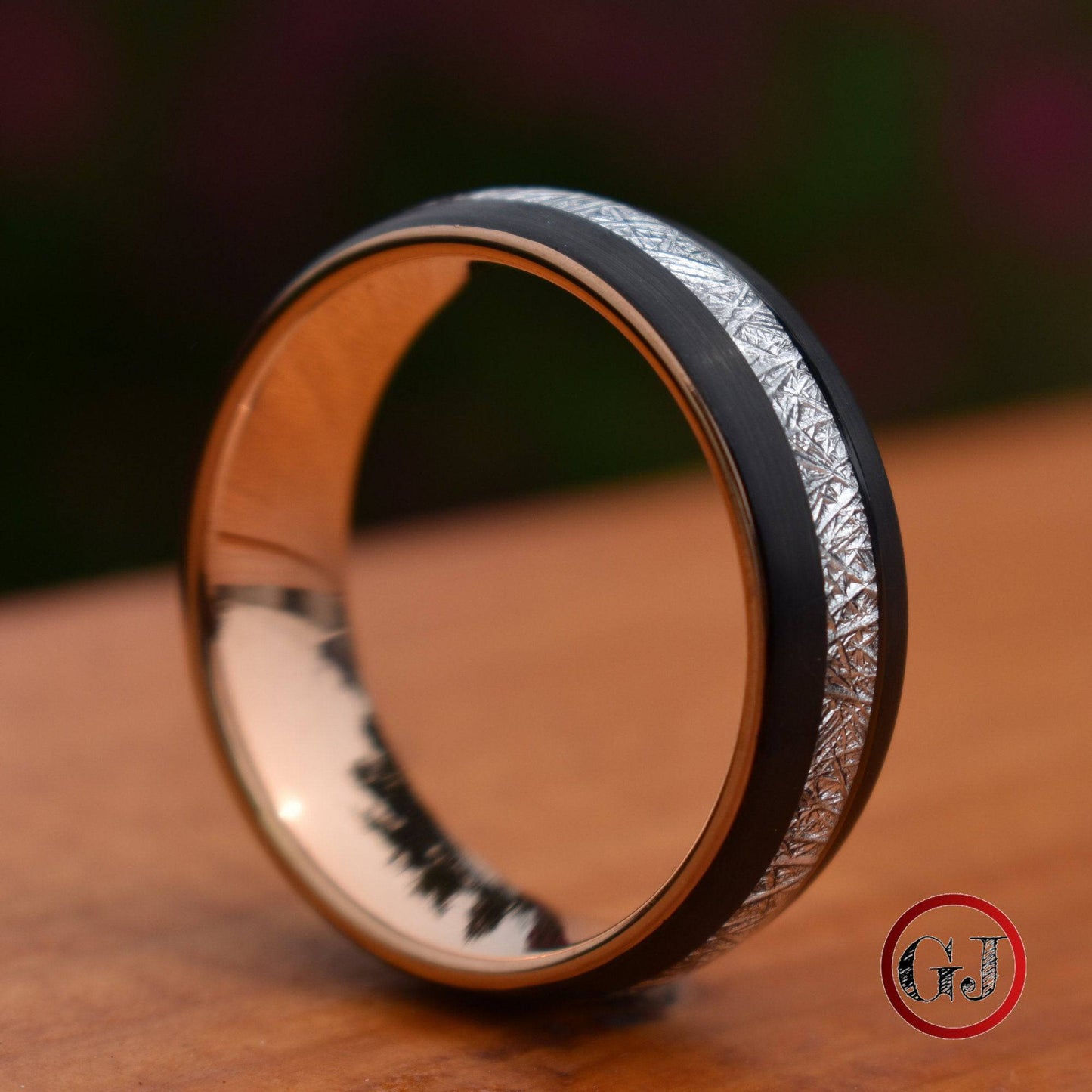 Tungsten 8mm Ring Black with Meteorite and Rose Gold Inner Band - Tungsten Titans