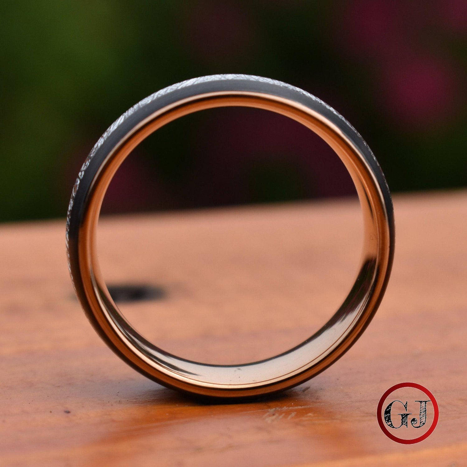 Tungsten 8mm Ring Black with Meteorite and Rose Gold Inner Band - Tungsten Titans