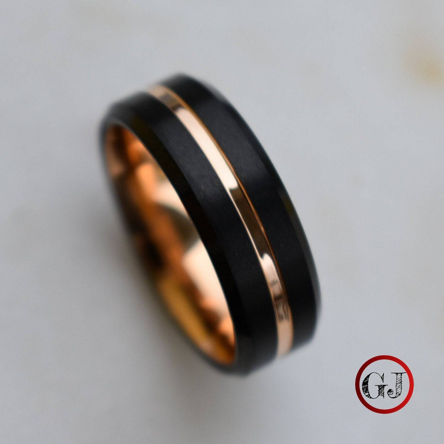 Black 8mm Tungsten Ring with Rose Gold Center Strip - Tungsten Titans