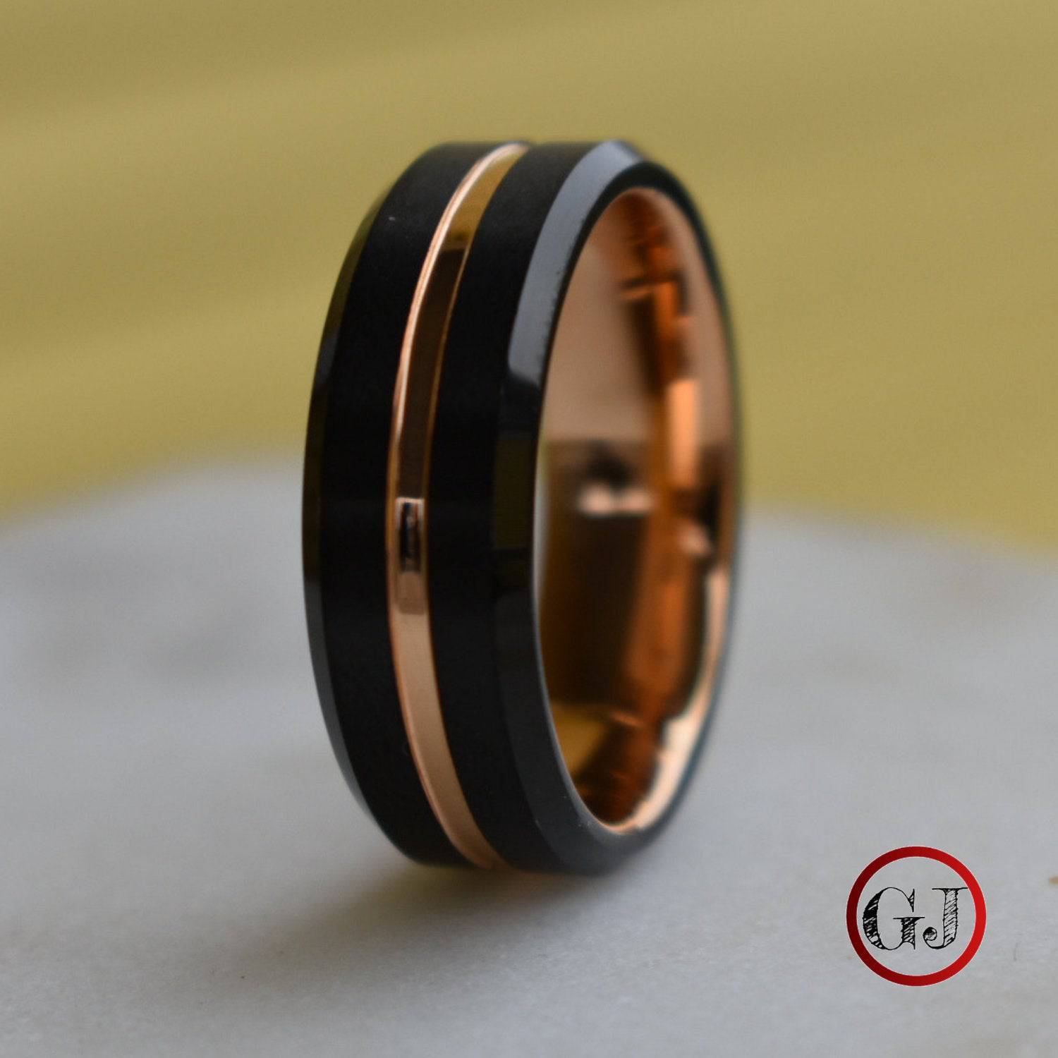 Black 8mm Tungsten Ring with Rose Gold Center Strip - Tungsten Titans