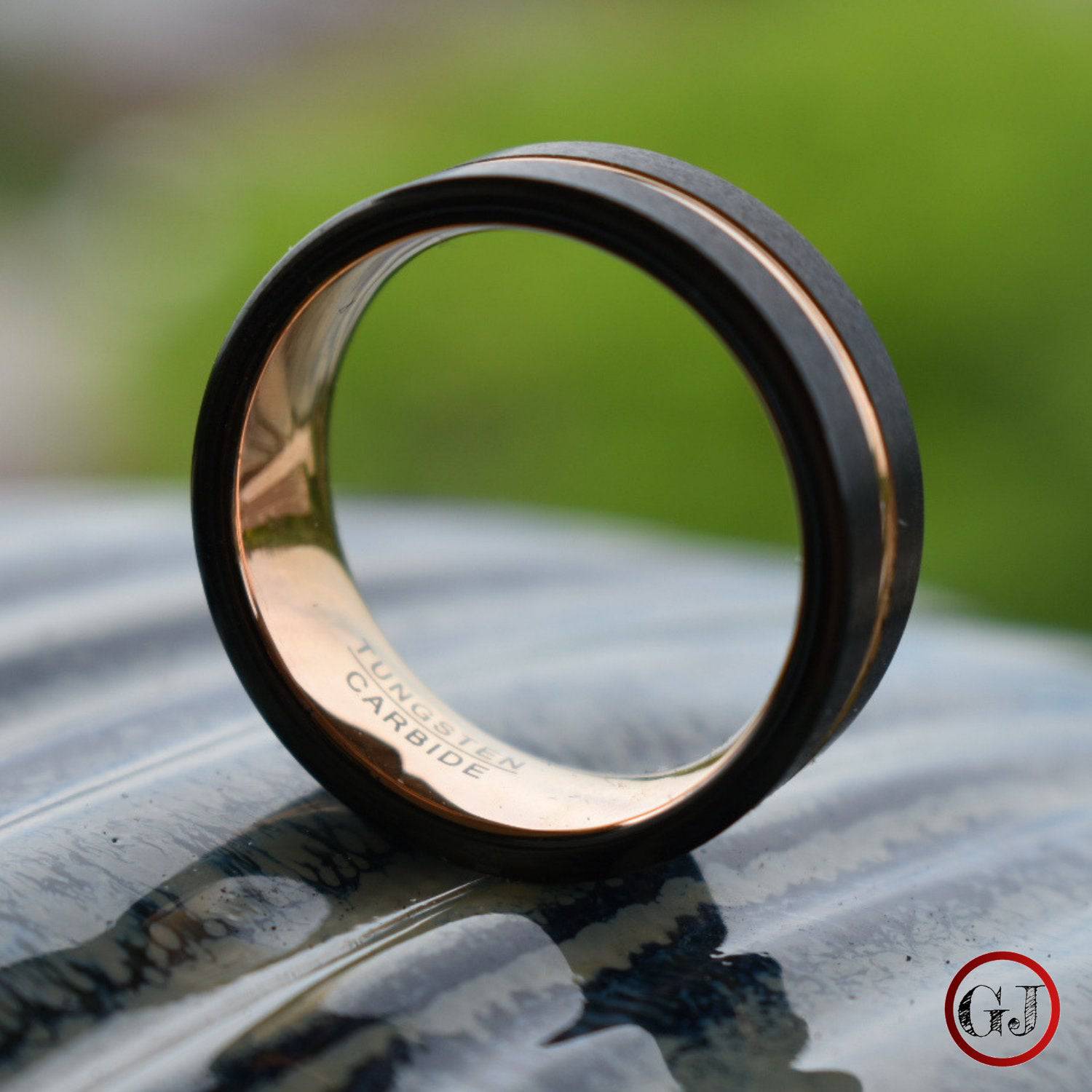 Black 8mm Tungsten Ring with Rose Gold Center - Tungsten Titans
