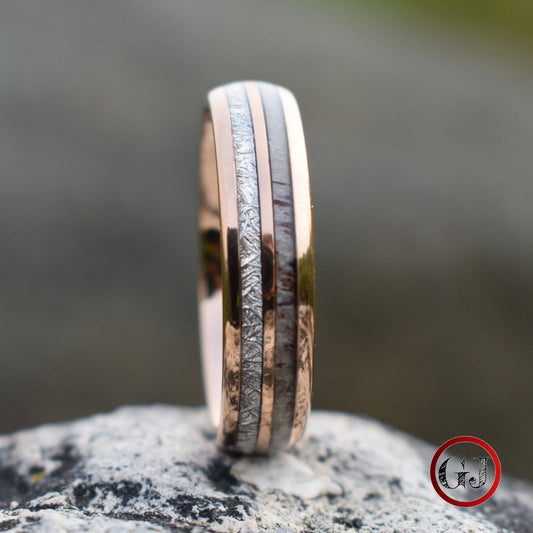 Rose Gold Tungsten 6mm Ring with Deer Antler and Meteorite - Tungsten Titans