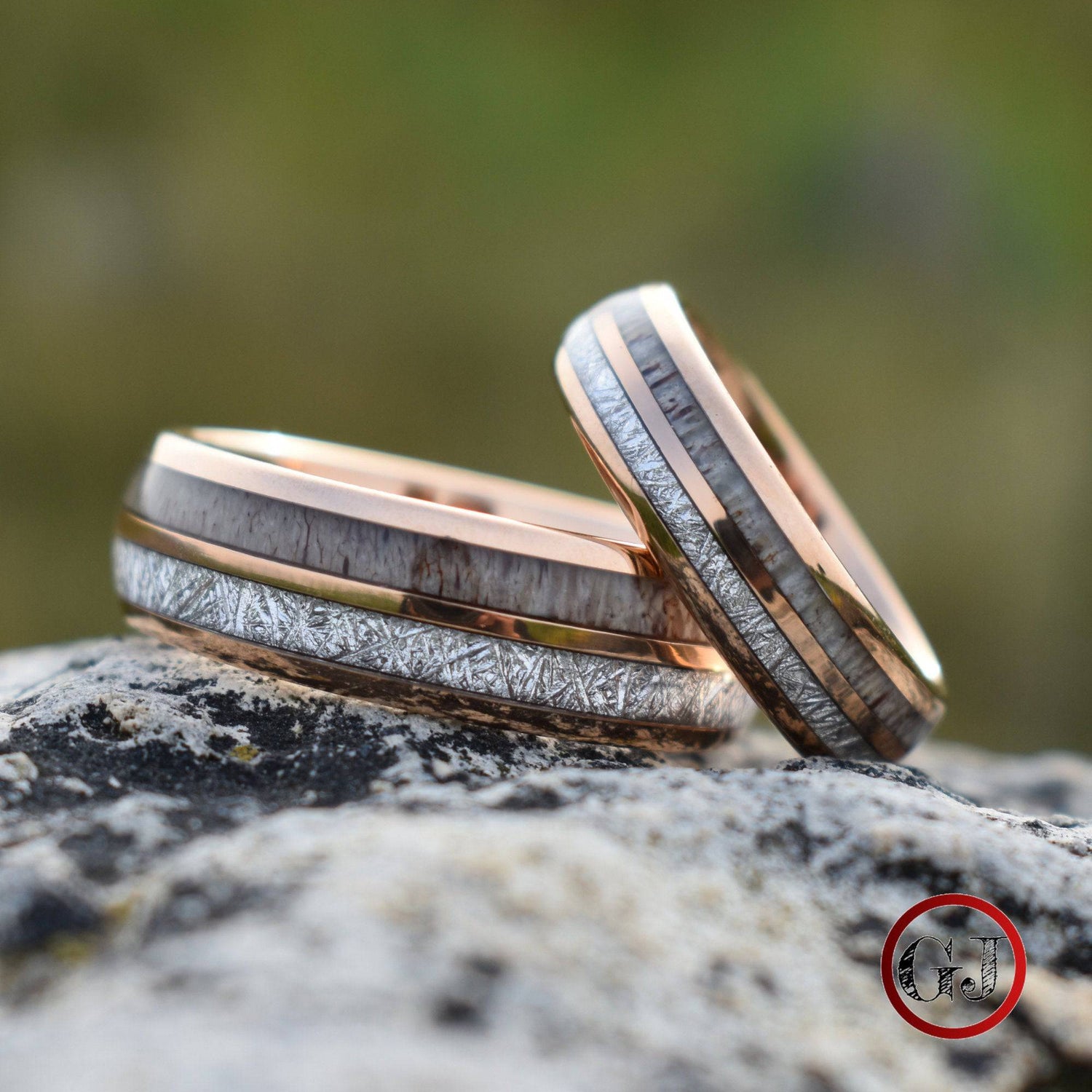 Rose Gold Tungsten 6mm Ring with Deer Antler and Meteorite