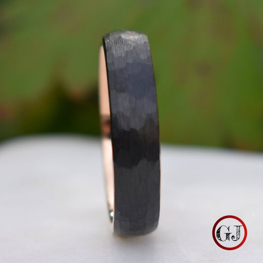Hammered Black Tungsten 6mm Ring with Rose Gold Band - Tungsten Titans