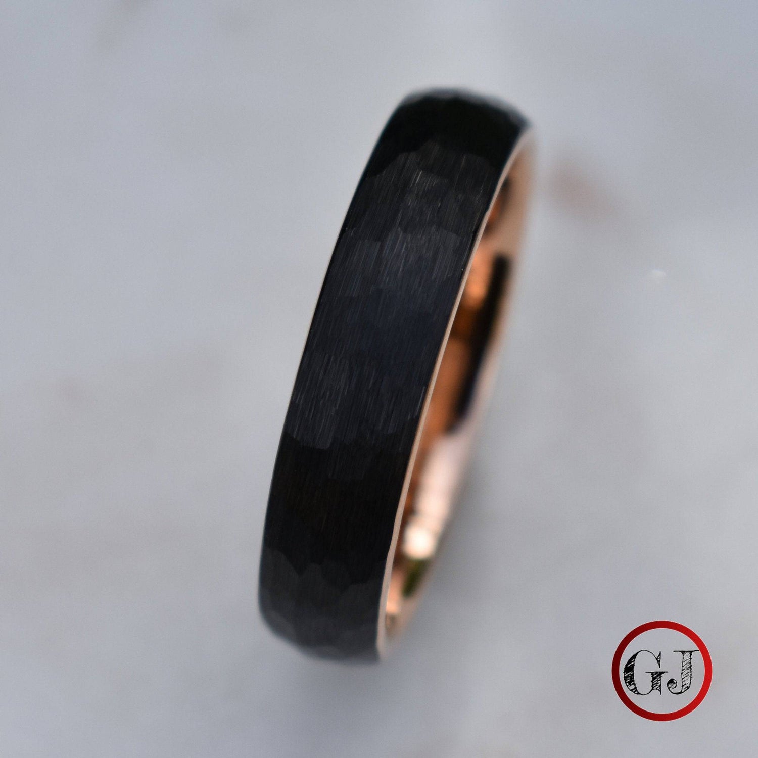 Hammered Black Tungsten 6mm Ring with Rose Gold Band - Tungsten Titans