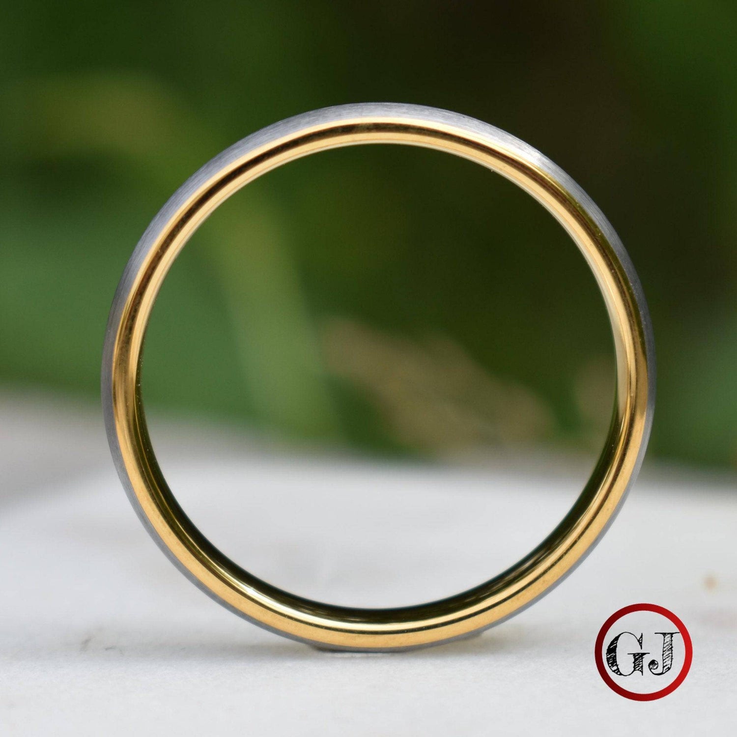Tungsten Ring 4mm Brushed Silver with Yellow Gold Comfort fit band - Tungsten Titans