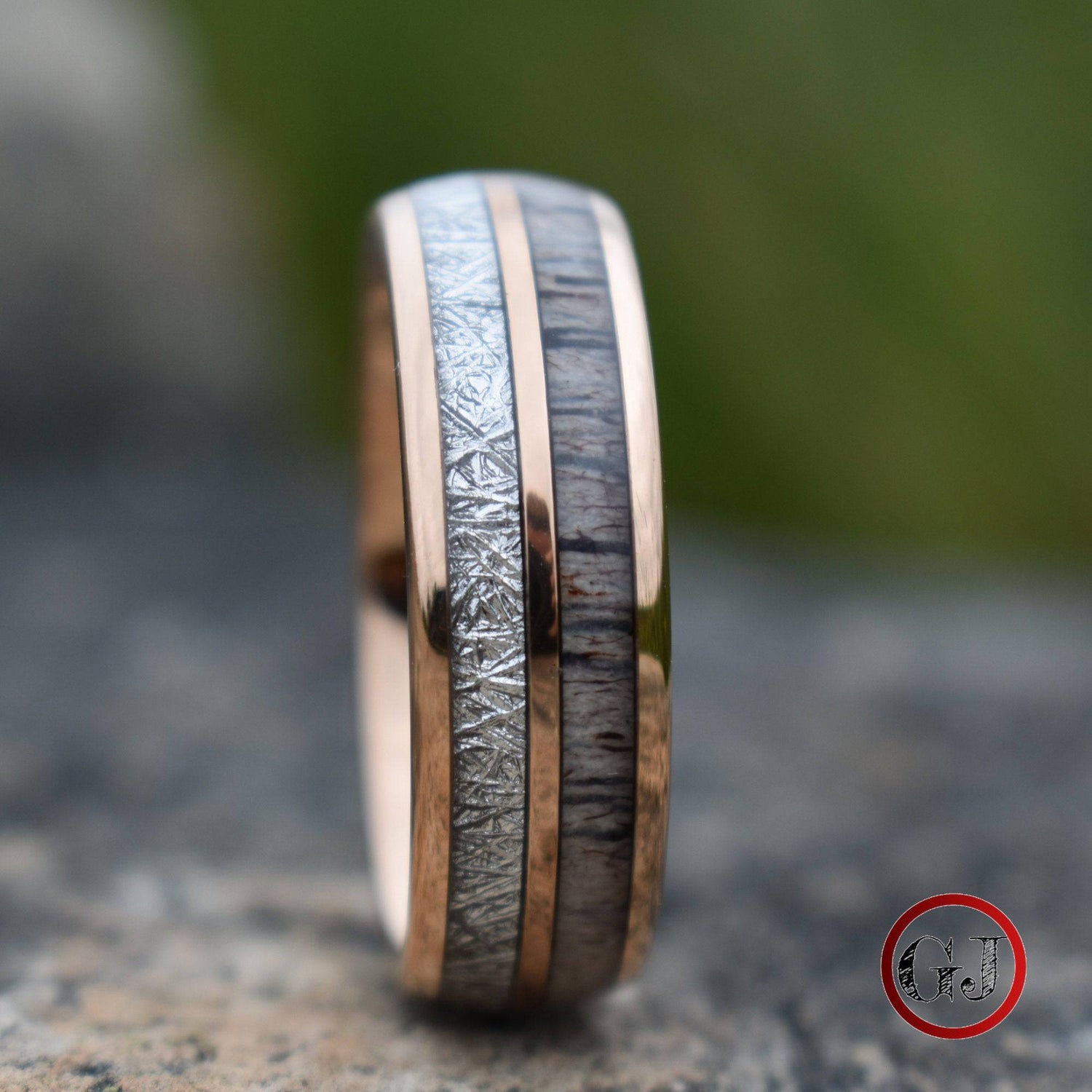 Rose Gold Tungsten 8mm Ring with Deer Antler and Meteorite