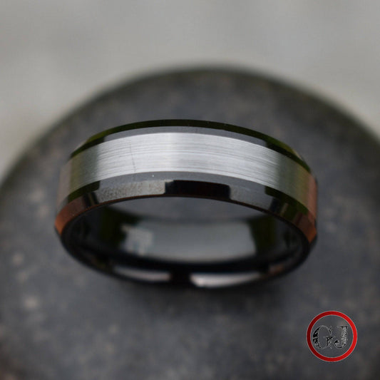 Tungsten Ring Black with Brushed Silver Center - Tungsten Titans