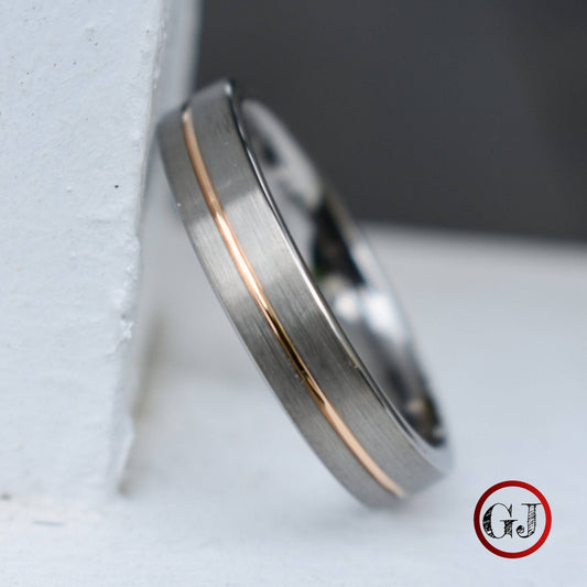 Tungsten Ring 5mm Brushed Silver with Rose Gold Stripe - Tungsten Titans