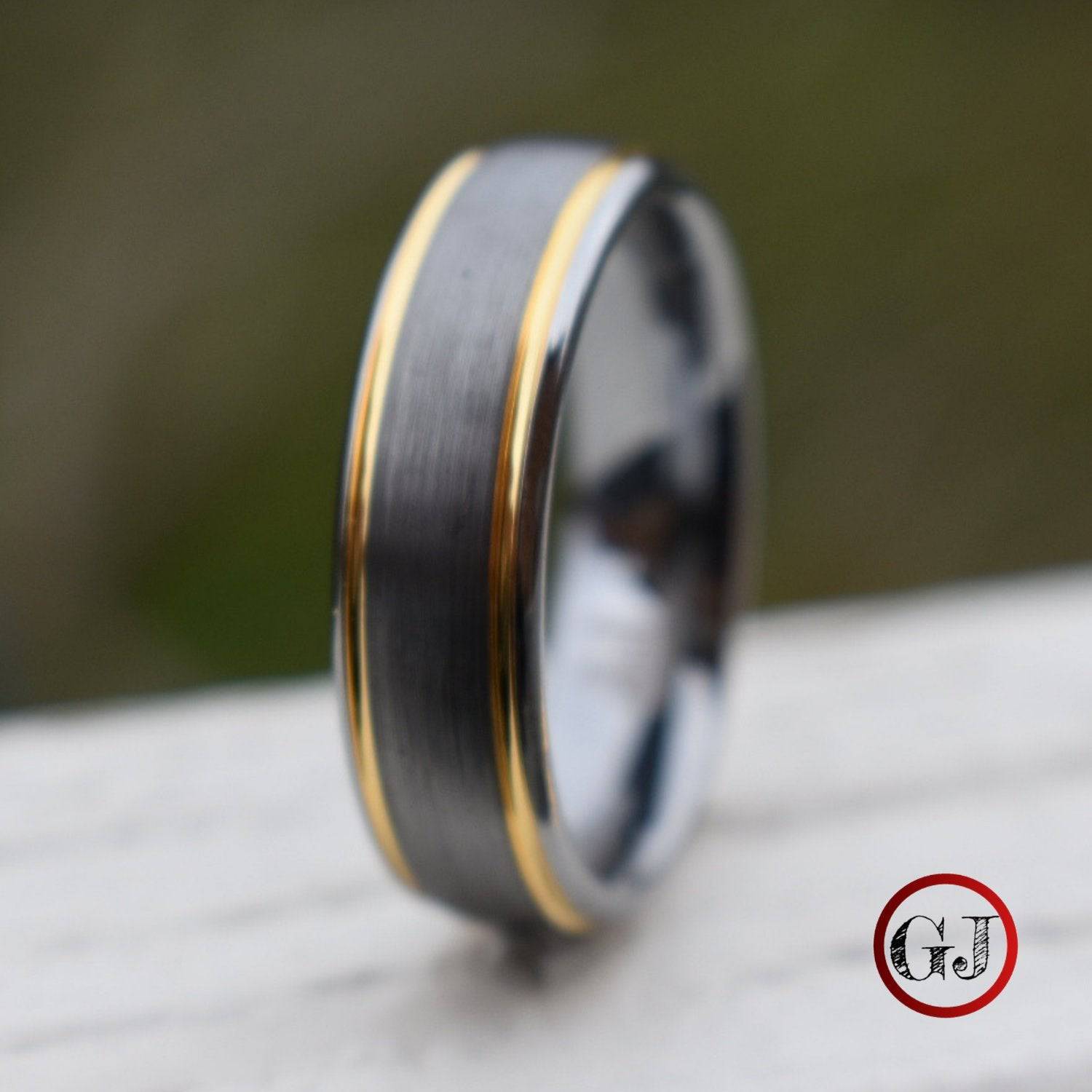 Tungsten 7mm Ring Brushed Silver with Yellow Gold Bevelled Edges - Tungsten Titans