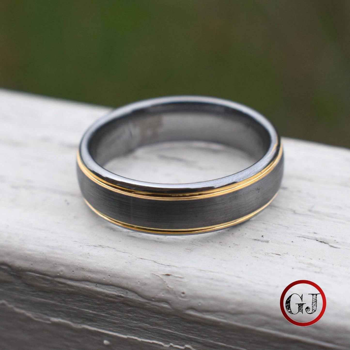 Tungsten 7mm Ring Brushed Silver with Yellow Gold Bevelled Edges - Tungsten Titans