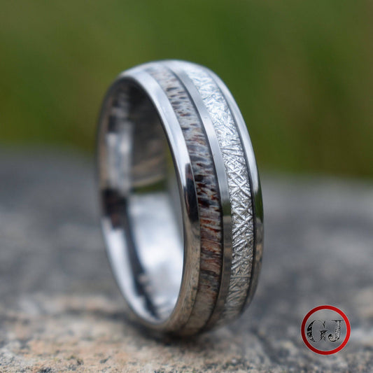 Silver Tungsten 8mm Ring with Deer Antler and Meteorite - Tungsten Titans