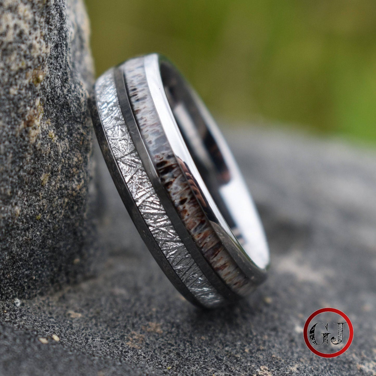Silver Tungsten 8mm Ring with Deer Antler and Meteorite - Tungsten Titans