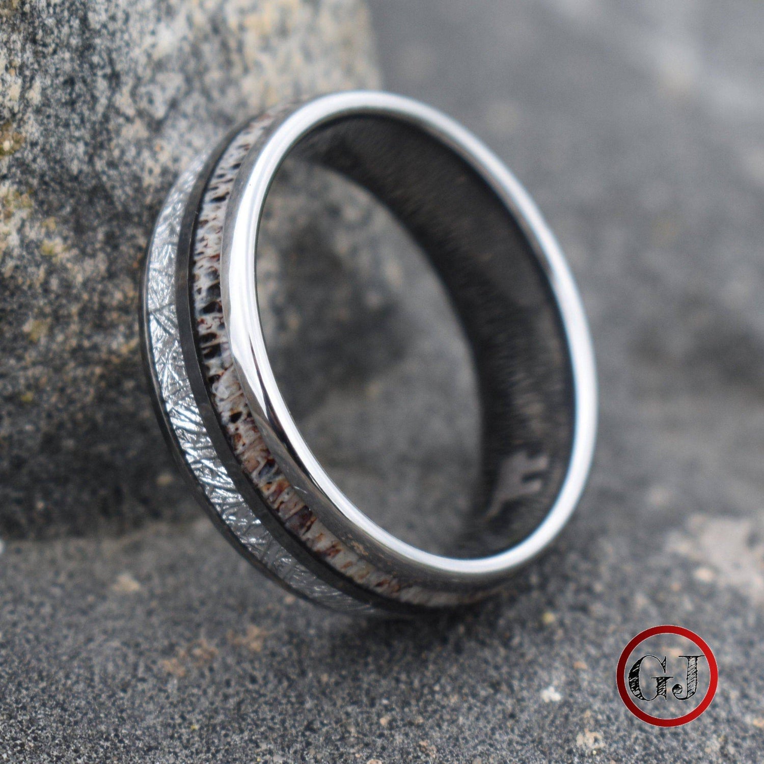 Silver Tungsten 8mm Ring with Deer Antler and Meteorite - Tungsten Titans