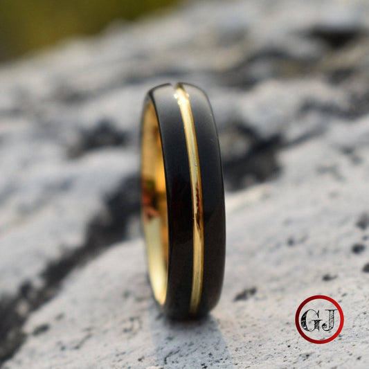 Tungsten 6mm Ring Black with Gold Center Stripe - Tungsten Titans