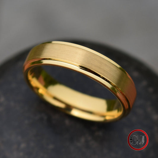 Tungsten 6mm Ring Gold Brushed Centre with a Deep Stepped Edge - Tungsten Titans