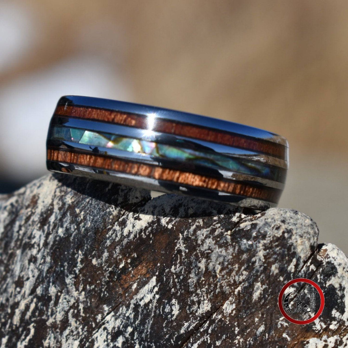 Tungsten 8mm Ring with Koa Wood and Shell Inlay - Tungsten Titans