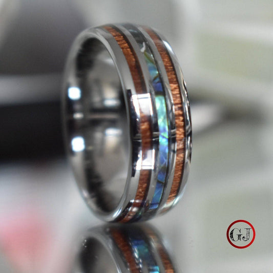 Tungsten 8mm Ring with Koa Wood and Shell Inlay - Tungsten Titans
