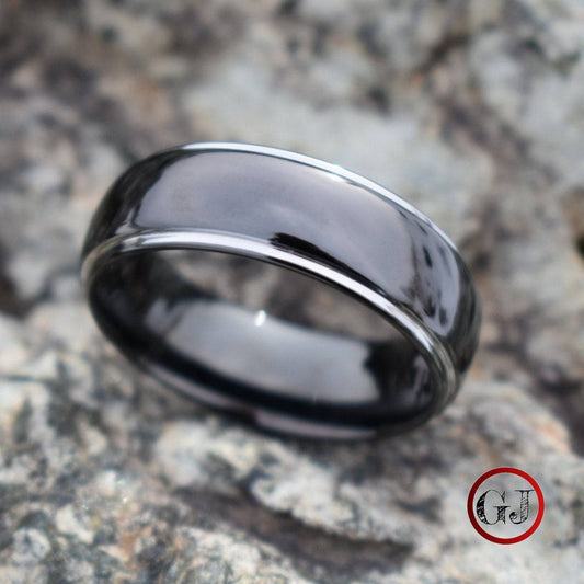 Tungsten 8mm Ring Black Domed with Silver Edges - Tungsten Titans