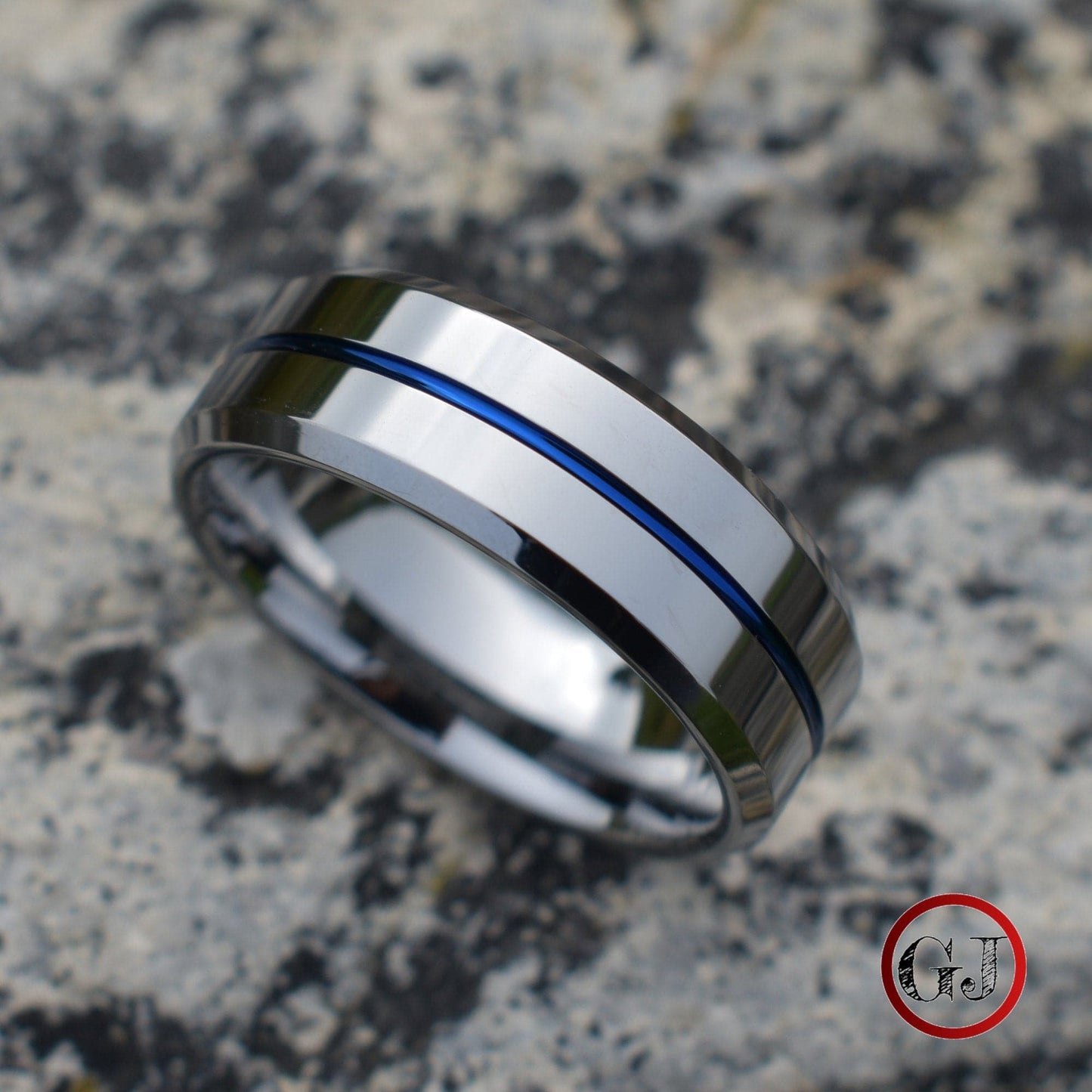 Tungsten 8mm Silver Ring with a Blue Center Strip - Tungsten Titans